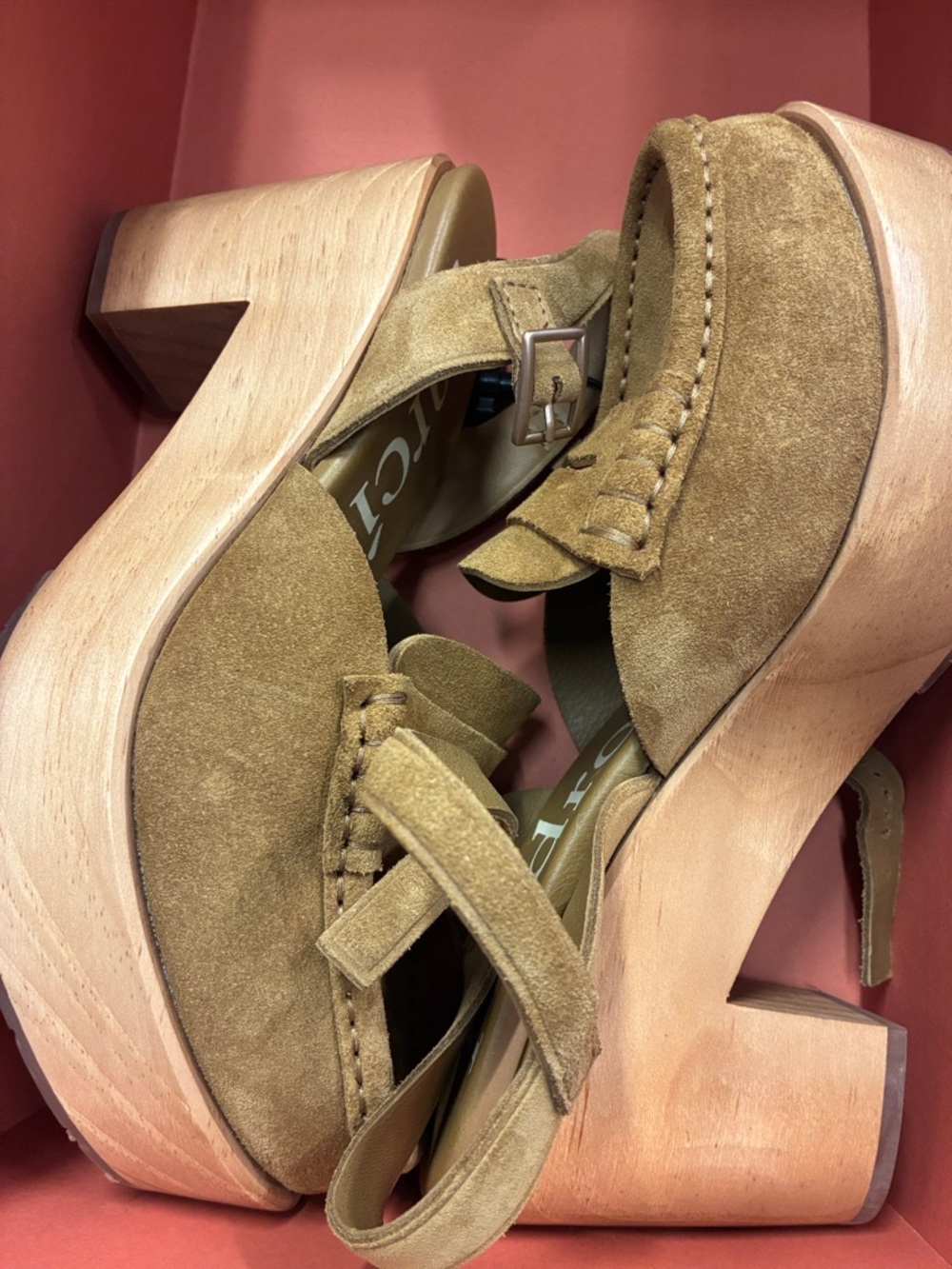 Suede Platform Sandals in Olive Green with Wooden Block Heel